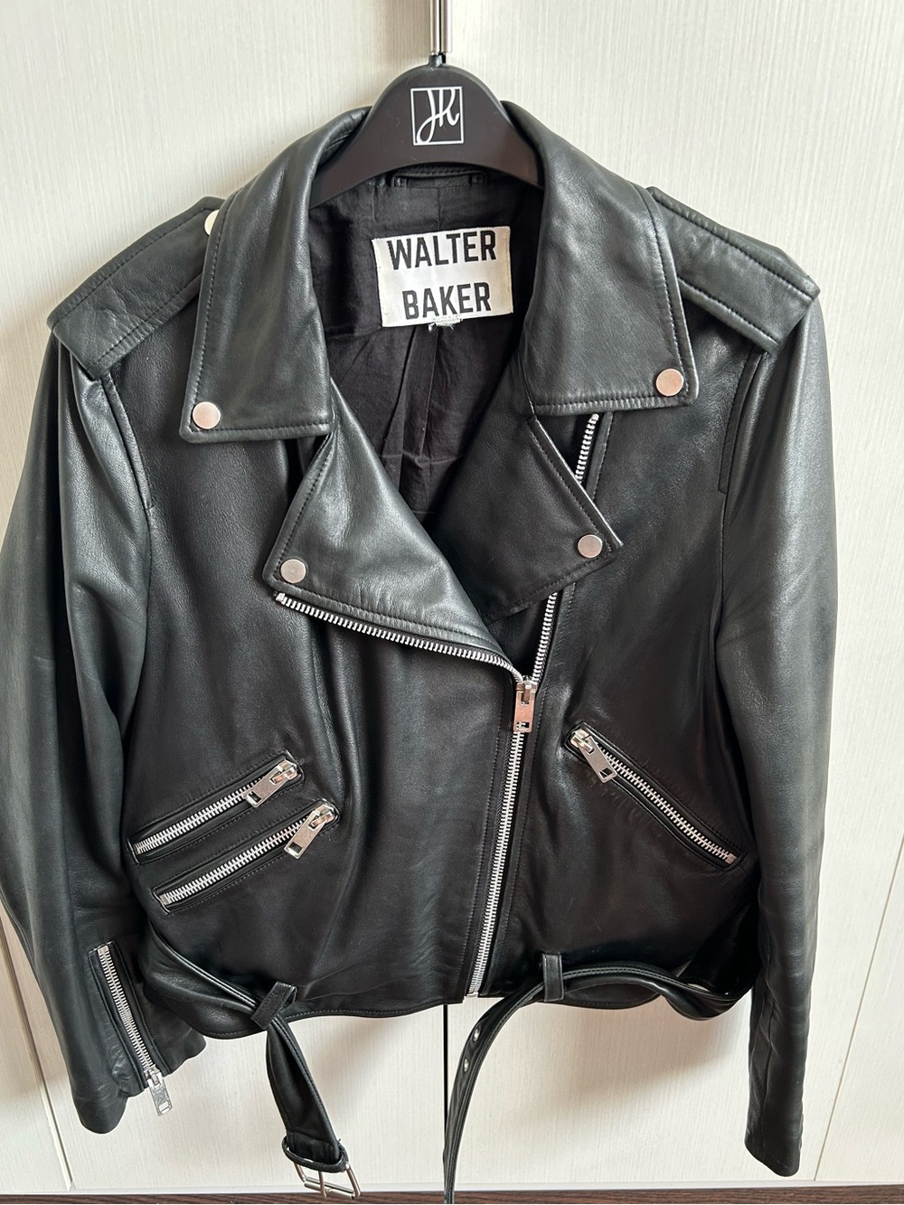 Walter Baker Black Leather Moto Jacket with Zip Details